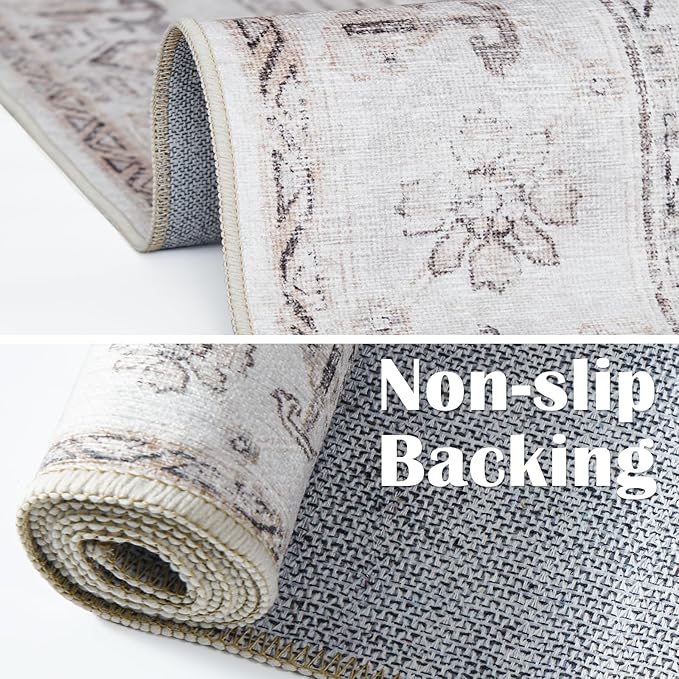 jinchan Lima 5x7 Machine Washable Area Rugs - Vintage Floral Stain Resistant Low Pile Ultra-Thin Non Slip Accent Rug for Bedroom Living Room Kitchen Dining Room Entryway (5x7ft, Taupe)
