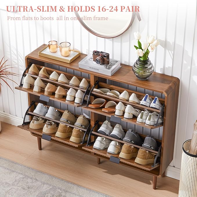 Turtle&Myrtle Narrow Fluted Shoe Cabinet for Entryway, Slim Hidden Shoe Rack, Wooden Freestanding Shoe Storage Organizer with 4 Flip Drawers, Hallway, Living Room, Foyer (Walnut)