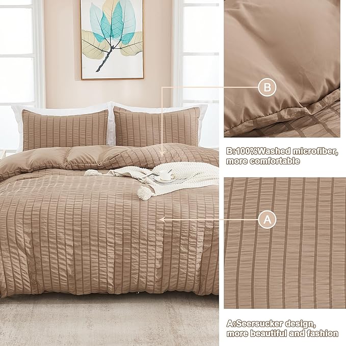 AveLom Seersucker Duvet Cover Set Queen Size (90 x 90 inches), 3 Pieces (1 Duvet Cover, 2 Pillow Cases), Taupe Ultra Soft Washed Microfiber, Textured Duvet Cover with Zipper Closure, Corner Ties