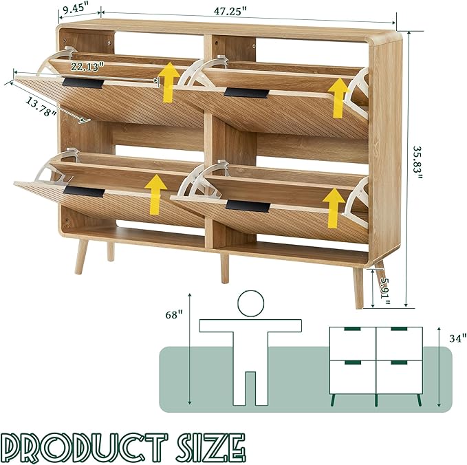 47" Fluted Large Shoe Cabinet with 4 Flip Drawers, Slim Freestanding Shoe Cabinet Organizer, Narrow Shoes Storage Rack for Entryway, 5 Sturdy Legs (All Natural, 9.45" D x 47.24" W x 35.83" H)
