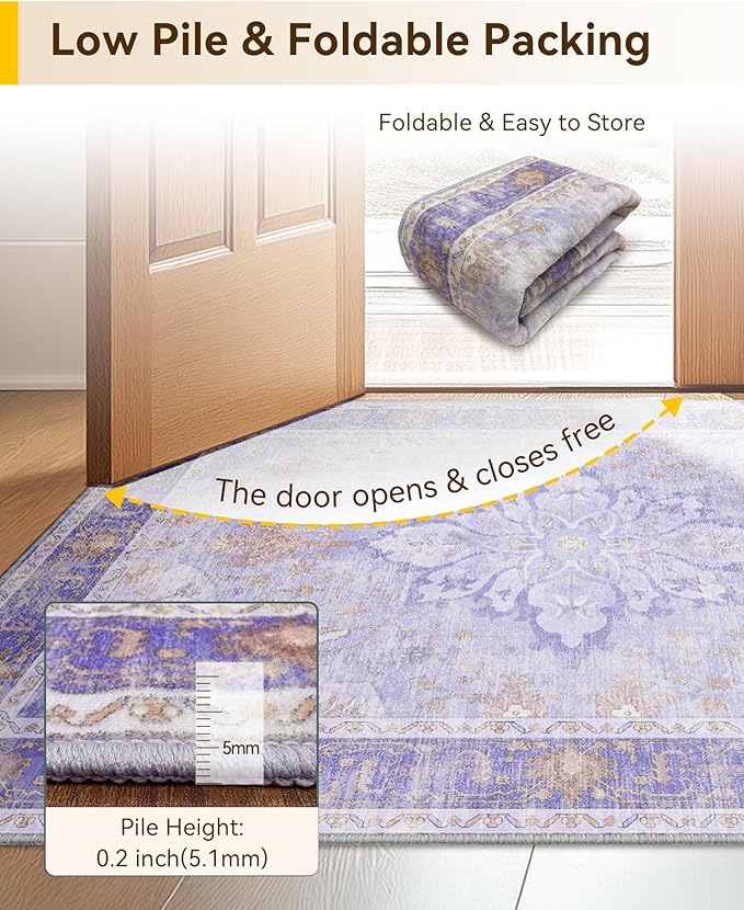 Area Rugs 8ft Washable Non-Slip, Floral Vintage Distress Print Pattern Medallion Carpet for Living Room Bedroom Dining Room, Light Purple Brown