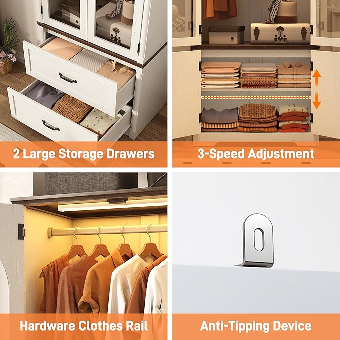 Tall Farmhouse 4 Doors Armoire Wardrobe Closet with LED ,72" Freestanding Arched Wardrobe Closet Cabinet for Bedroom w Glass Doors/Drawers,Wooden Clothing Storage Cabinet,Closets for Bedroom(Off Whit)