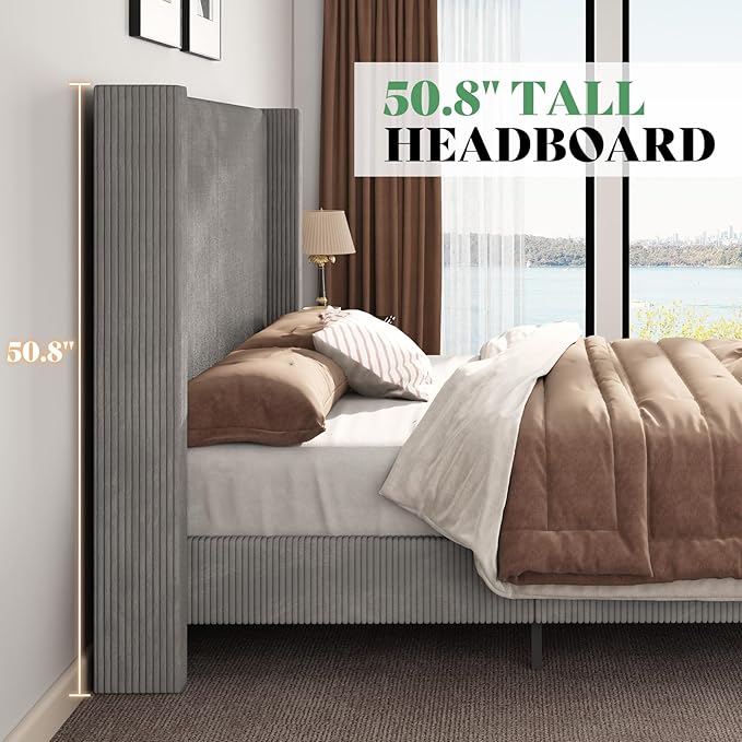 AMERLIFE Queen Size Upholstered Bed Frame with 50.8" Tall Headboard, Wingback Platform Bed with Solid Wood Legs, Wooden Slats, Corduroy/No Box Spring Needed/Noise Free/Greige