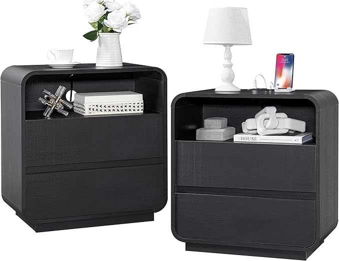 Black Curved Nightstand Set of 2 with Charging Station, 23.2" Wide Wood Bedside Table 2 Storage Drawers, Modern Side Table Handleless, Large End Table Night Stand for Bedroom