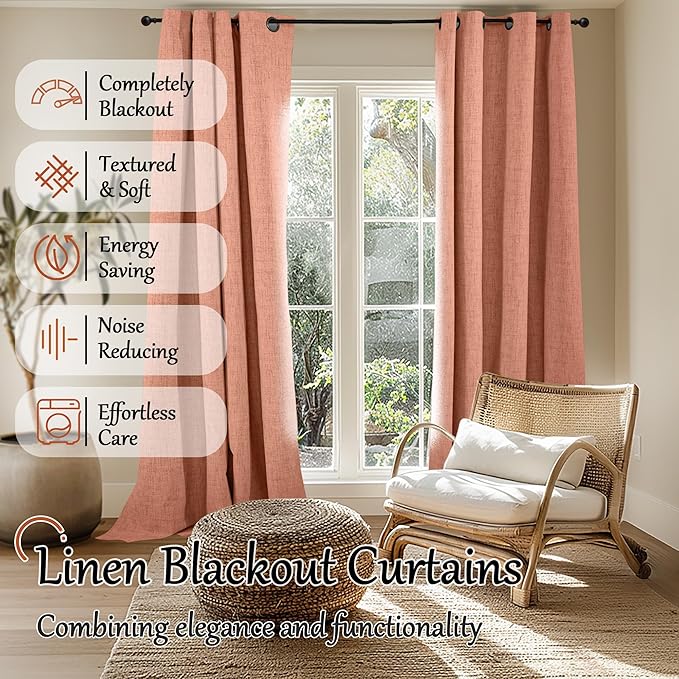 Terracotta 100% Linen Blackout Fall Curtains for Bedroom 95 Inch Long 52 Wide, Extra Long Thermal Insulated Light Blocking Curtains, Noise Refusing Window Drape Each 52x95 Inch 2 Panels