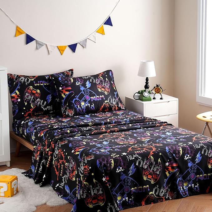 JSD Black Gaming Sheet Set Twin Size, 3 Piece Soft Kids Boys Printed Microfiber Bed Sheets Deep Pocket