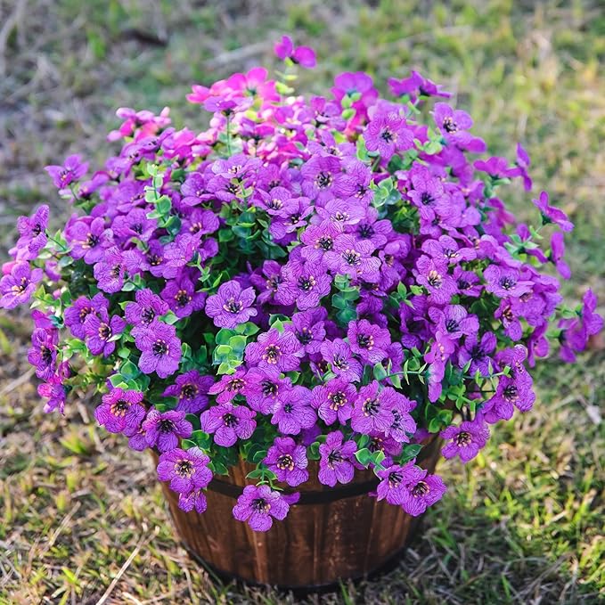 HyeFlora Artificial Flowers for Outdoor Indoor Garden Home Decoration, Faux Flower Daisy with Eucalyptus Leaves Fake Plants Greenery Boxwood Porch Patio, 12 Bundles (Purple)
