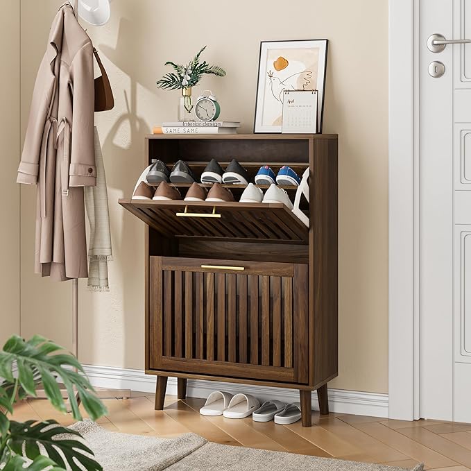 Vibe & Dine 2 Flip Drawer Shoe Cabinet, Narrow Shoe Rack with Gold Handles, Freestanding Shoe Storage Cabinet for Entryway Slim, Wood Shoe Organizer Cabinet for Hallway, Bedroom, Walnut