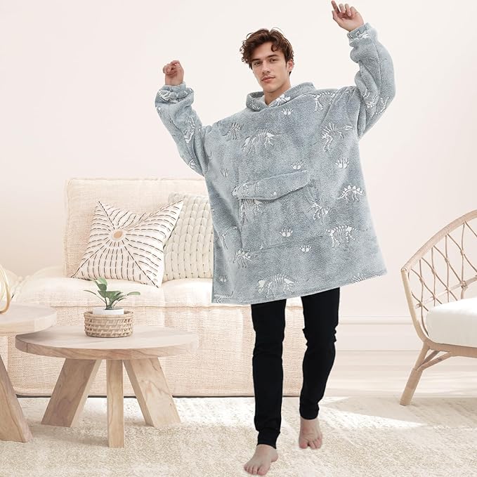 Wearable Blanket Hoodie for Adult,Oversized Sherpa Fleece Blanket Hoodie for Women Men,Glow in The Dark Dinosaur Fossil