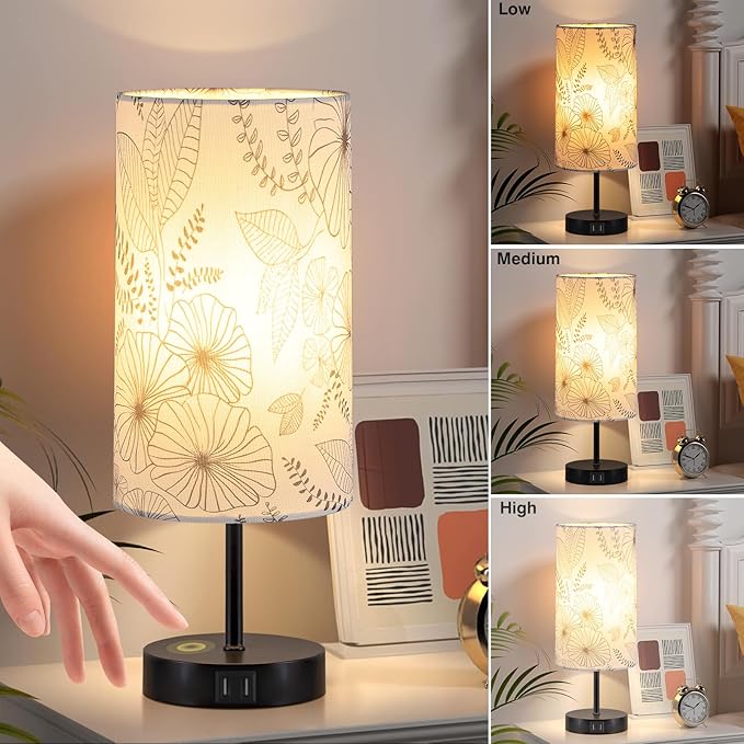 Bedside Touch Lamp with 2 USB Ports, Modern 3 Way Dimmable Small Lamp with Flower Fabric Shade, Nightstand Lamp for Living Room Bedroom Office End Table Dorm Room Kids Reading(E26 LED Bulb Included)