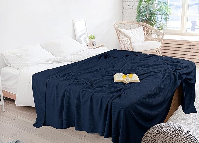 Utopia Bedding Navy 100% Cotton Blanket [King Size - 90x108 Inch] 350GSM Lightweight, Soft and Breathable Thermal Blanket for All Seasons
