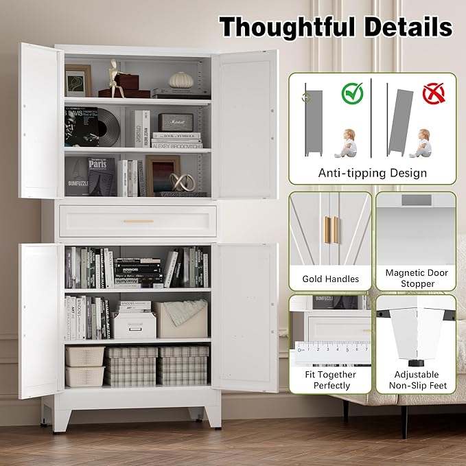COFaR 71" Tall Kitchen Pantry, Farmhouse Storage Cabinet with Doors and Shelves, Metal Cabinet with Drawers and Legs, for Cupboard/Dining Room/Bathroom/Living Room/Office/Laundry Room (White).