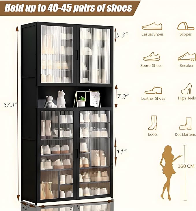 Tall Shoe Cabinet with Clear Doors, Large Capacity Bamboo Shoe Cabinet, 40-45 Pairs Shoe Rack Organizer for Closet Entrance, Hallway, Living Room, Bedroom