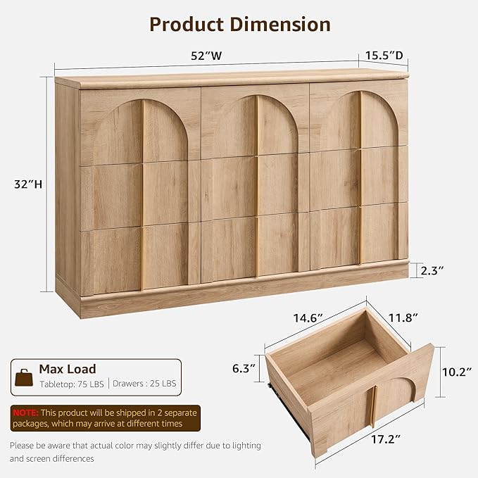 ACCOHOHO Arched Dresser for Bedroom with 9 Drawers, 52" Wide Modern Chest of Drawers with Rounded Edge & Metal Handles, Wood Storage Closet Dressers TV Stand for Living Room, Hallway, Natural Oak