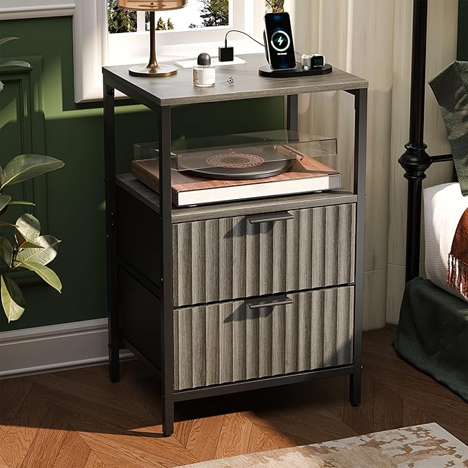 VINGLI Night Stand Set 2 with Charging Station, Fluted Grey Night Stand Set of 2, Gray Nightstand with Drawers Fabric, Grey Bedside Tables/End Tables for Bedroom, 14.96" W*11.81" D*23.78" H