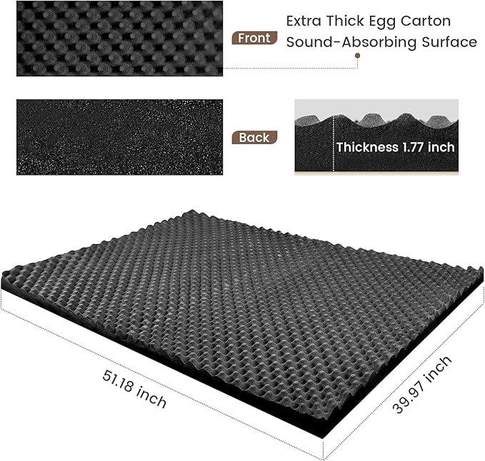 Self-Adhesive Thickened Sound Insulation Egg Crate Foam 13.99 sqft x 1.77in Thick,50+kg/m³ ,Fire/Water Resistant ,Thermal Insulation,Acoustic Treatment Foam