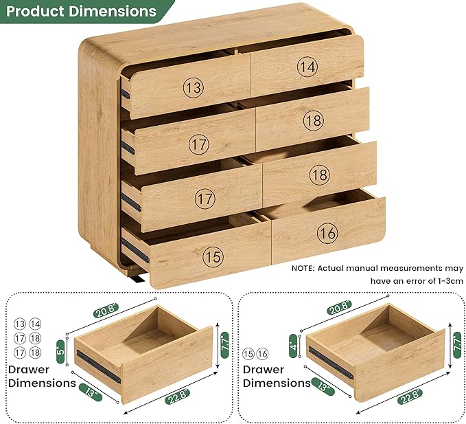 Chest of Dressers with 8 Drawers, 47’’ Wide Dresser with Anti-Tipping Device, Clothes Organizer for Bedroom, Natural Drawer Closet with Arc Design.
