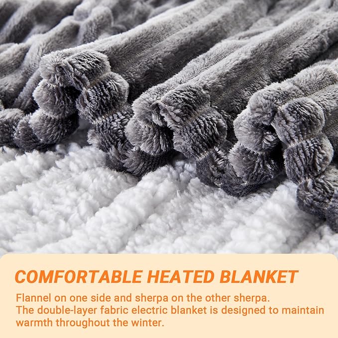 Heated Blanket Electric Twin, Soft Flannel Heating Blanket with 8 Hours Auto Off 10 Fast Heating Levels Machine Washable Sherpa Heated Blanket with Overheating Protection