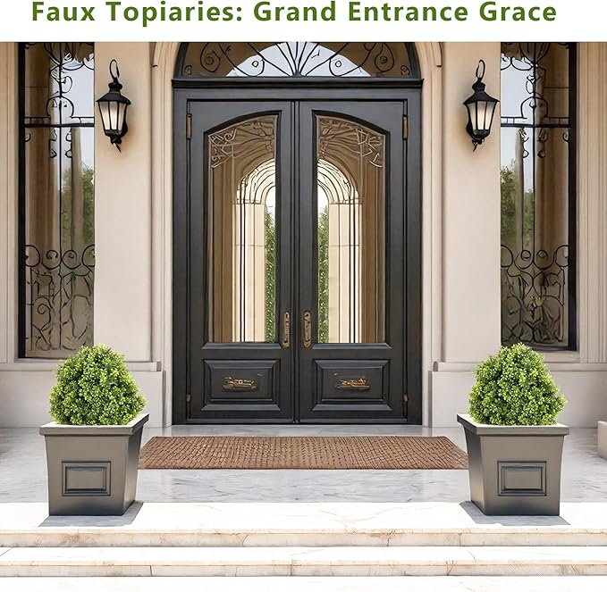 27“ Realistic Artificial Boxwood Topiary Trees Set of 2, Faux Plants Outdoor UV-Resistant, Fake Evergreen Bushes & Shrubs for Front Porch Outside Planter Decor