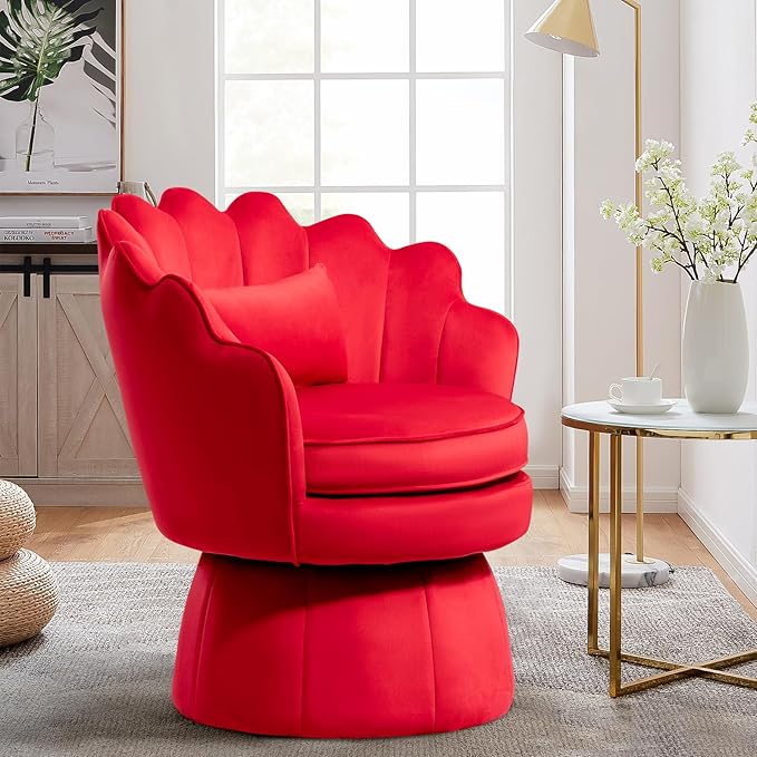 360° Swivel Accent Chair, Mid-Century Modern Velvet Barrel Chair, Comfy Shell Shape Arm Chair with Lumbar Pillow for Living Room, Bedroom, Office, Rose Red