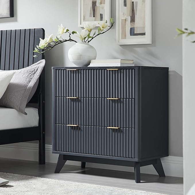 T4TREAM Fluted 3 Drawers Nightstand Set of 2, Oversized Extra Large Modern Side Table with Faux Marble Top, End Table Bedside for Bedroom, Living Room, Curved Profile Design, Dark Grey | Fluted, Modern, 3 Drawers, w/Storage, for Bedroom, Living Room
