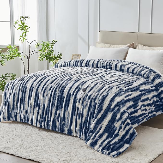 Heated Blanket Full - 72"x84" Fast Heating Bed Electric Blankets with 6 Heating Levels & 10 Hours Auto Off, Soft Ribbed Faux Fur Sherpa, Over-Heated Protection ETL, Navy Blue