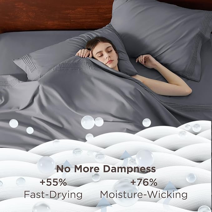 Bedsure Deep Pocket King Sheet Set - Fits Mattresses Up to 21 Inches Thick - 4 Piece GentleSoft Bed Sheets, Moisture Wicking, Soft & Cooling Bedsheet & Pillowcases, Easy & Secure Fit, Grey