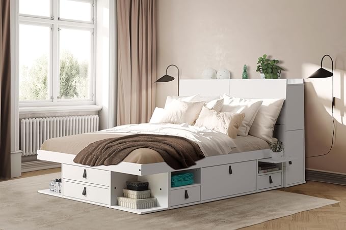 memomad Bali Set: Storage Platform Bed with Drawers + Bookcase Headboard (Queen Size, White Wood)