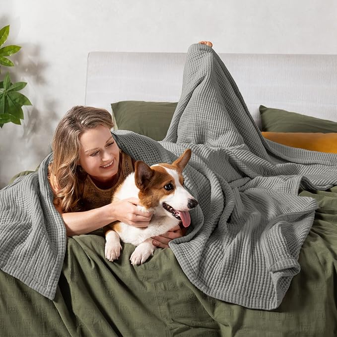 PHF 100% Cotton Waffle & Muslin Blanket Queen Size, Soft Breathable Luxury 400GSM Versatile Reversible Bedding for Bed, Great for Layering in Cold Weather, Home Decor Gift, 90" x 90", Frosted Grey