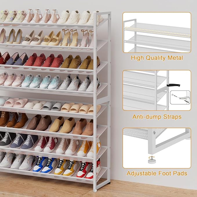 Large Shoe Rack 8 Tier Shoe Organizer, Heavy Duty Metal 4-Tier Stackable Shoe Storage Vertical Shoe Rack for Closet Front Door Entrance, Up to 50 Pairs, 44.8" W x 11.4" D x 56.7" H, White