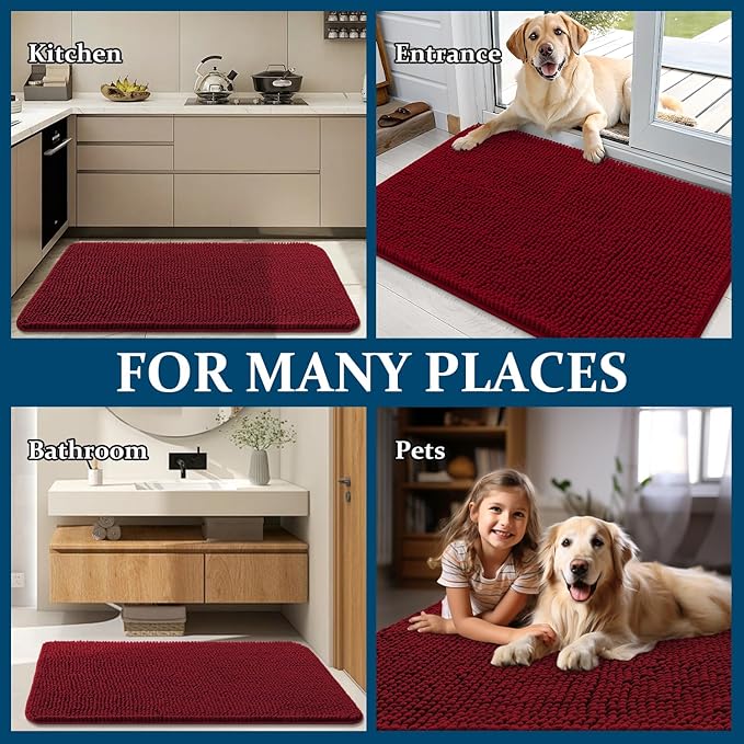 OLANLY Dog Door Mat for Muddy Paws 47x20, Absorbs Moisture and Dirt, Absorbent Non-Slip Washable Doormat, Quick Dry Chenille Mud Mat for Dogs, Entry Indoor Entryway Carpet for Inside Floor, Red