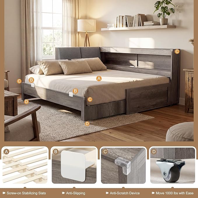 Corner Bed Frame with Trundle and Bookcase Upholstered Headboard, 3-in-1 Twin Size Wood Daybed with Extendable Bed, LED Lights and Charging Station, for Bedroom, Guest Room, Grey