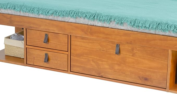memomad Bali Slim Set: Storage Platform Bed with Drawers + Flat Panel Headboard (King Size, Oak Brown Wood)