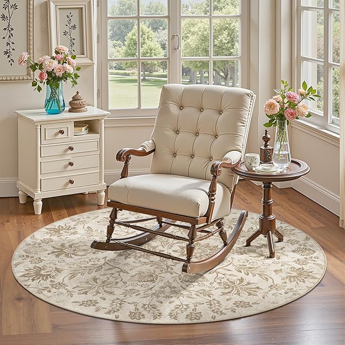jinchan Torino Classic Floral Round Rug 5ft, Vintage-Inspired Neutral Design 5’Circle Rug, Machine Washable Ultra-Thin Low-Pile Non-Slip Indoor Carpet for Bedroom Living Room Entryway Taupe