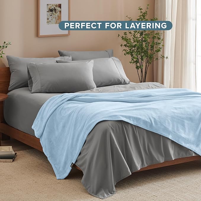 Bare Home Fleece Blanket - Full/Queen - Ultra-Soft Lightweight for Bed, Sofa, and Couch - Luxury Microplush - Cozy Warm Blanket (Full/Queen, Light Blue)