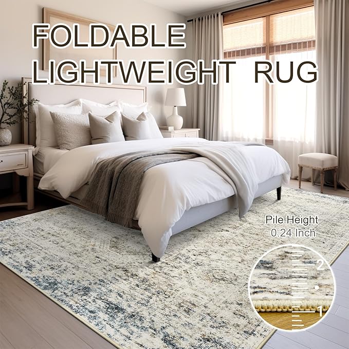 Washable Area Rug 8x10, Large Soft Rugs for Living Room Vintage 8x10 Area Rugs for Bedroom Dining Room Non-Slip Stain Resistant Under Table Blue Ivory Rug