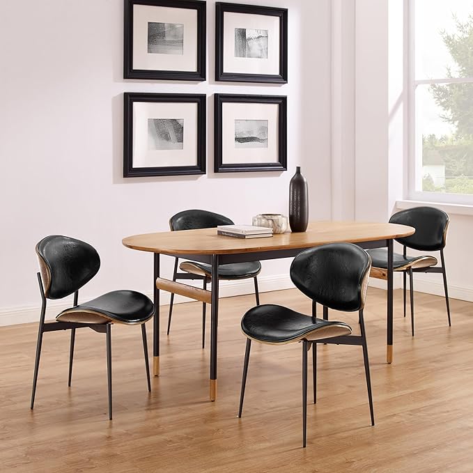 Art Leon Dining Chairs Set of 4, Walnut Bentwood, Mid Century Modern Chair, Black Faux Leather Kitchen Dining Room Chairs with Metal Legs, Accent Chairs for Bedroom