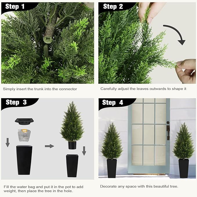 4FT Tall 2 Set Artificial Topiary Cedar Tree, Indoor Realistic Faux Cypress Plants with Square Flowerpot, Outdoor Evergreen Fake Shrubs for Home Living Room Front Porch Decor