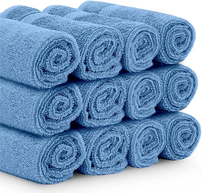 White Classic Luxury Cotton Washcloths 13x13 Inch - 650 GSM Turkish Cotton | Hotel, Spa, Bathroom Face Towel | 12 Pack, Light Blue