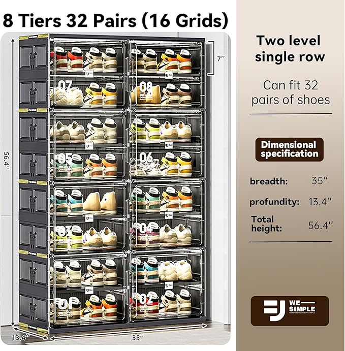 32 Pairs Portable Shoe Storage Cabinent of 3-Step Fast Installation,Plastic Shoe Box with Magnetic Clear Door for Entryway, Enclosed Shoe Rack for Sneaker, Heels etc.. (2Row, 8Tier)