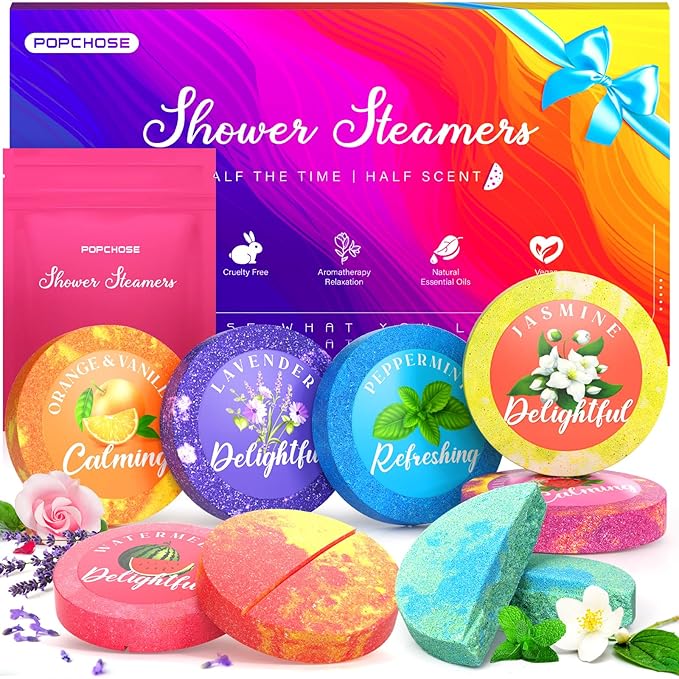 POPCHOSE Christmas Gifts for Women - Shower Steamers Aromatherapy 8 Pack with Gift Box, Self Care Spa Gifts for Mom, Men, Dad, and Teens - Relaxing Stocking Stuffers for Thanksgiving, Birthday