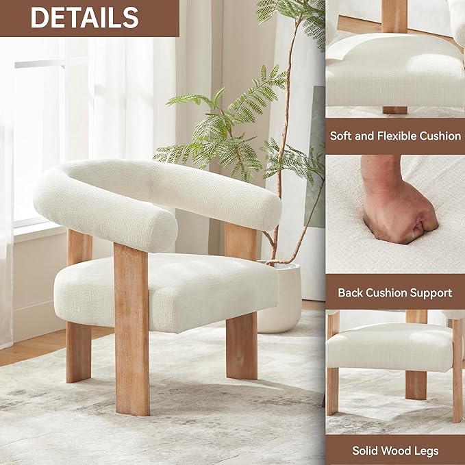 VKNOW Accent Chair Living Room Chair, Modern Upholstered Arm Chair with Solid Wood Legs, Comfy Barrel Accent Chair for Living Room, Bedroom, Cream