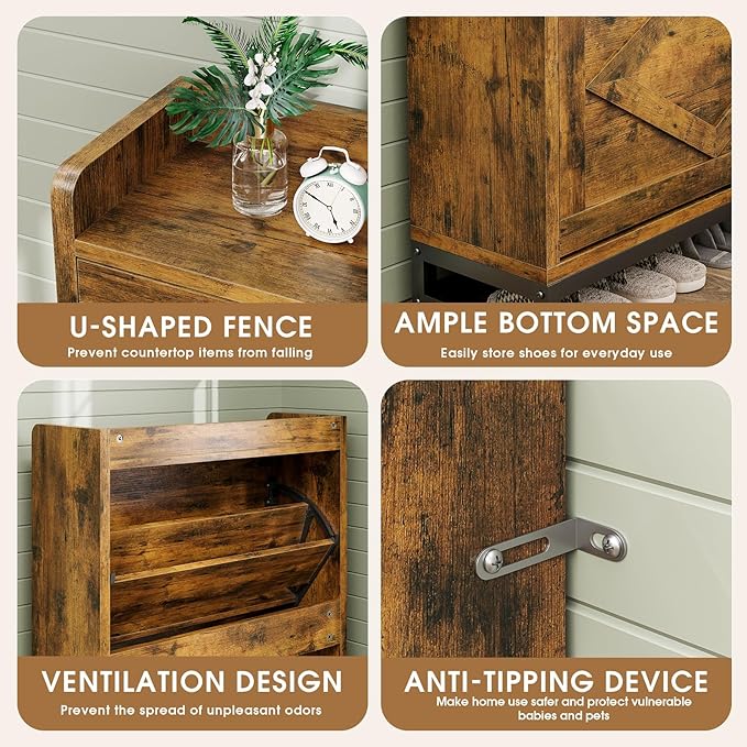 Shoe Cabinet, Shoe Storage Cabinet with 2 Flip Drawers & Adjustable Shelf, Space-Saving Shoe Organizer – Holds 12+ Pairs, Narrow Shoe Cabinet Storage for Entryway/Hallway（Brown）