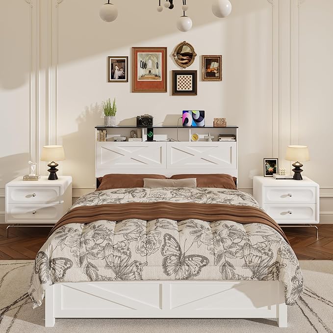 Queen Size Bed Frame with Wooden Storage Headboard, Farmhouse Platform Bedframe with LED Lights and Charging Station, Easy Assembly, No Box Spring Needed (White, Queen)