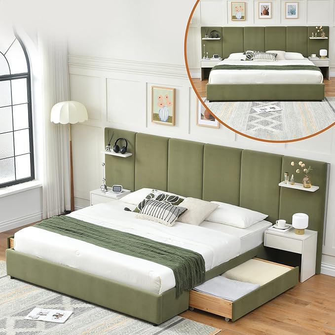 King Bed Frame with Storage & Built-in Nightstands, Velvet Upholstered Platform Bed Frame with Drawers & 2 Floating Storage Shelves, Noise-Free, No Box Spring Needed, Easy Assembly, Green