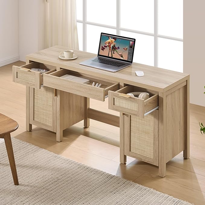 SICOTAS Rattan Vanity Home Office Desk - 52" Large Farmhouse Boho Makeup Vanity Dressing Table with 3 Drawers & 2 Storage Cabinets, Vanities Desk for Makeup Room, Bedroom, Home Office, Light Oak