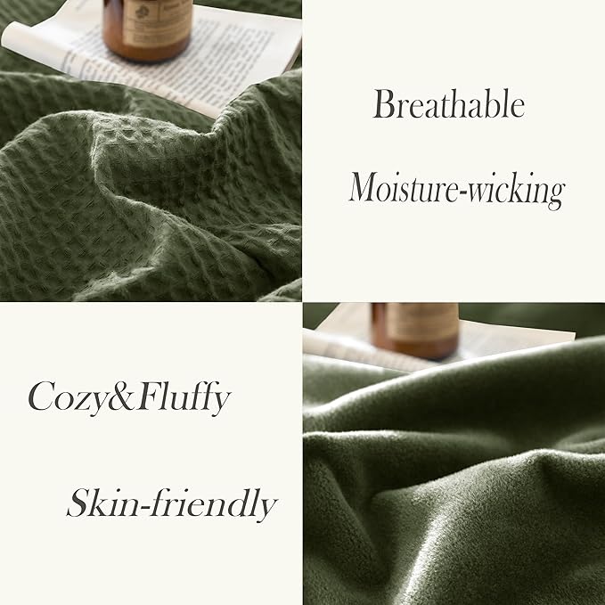 CHUFFED Cotton Waffle Blanket Throw Size - Plush Milk Velvet & Reversible Waffle Weave,Anti-Static 300Gsm Design，Thick Cozy Soft Winter Blanket for Bed, Couch, Sofa - Olive Green, 50x70 Inches