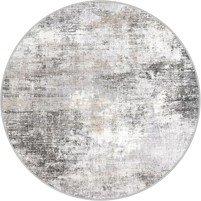 IOHOUZE Abstract Round Area Rug 8 Ft Washable Circle Rugs Large Round Rug Non Slip Thin Soft Circle Rugs, Printed Faux Wool Floor Carpet for Bedroom Living Room Dining Room Nursery, Grey Beige