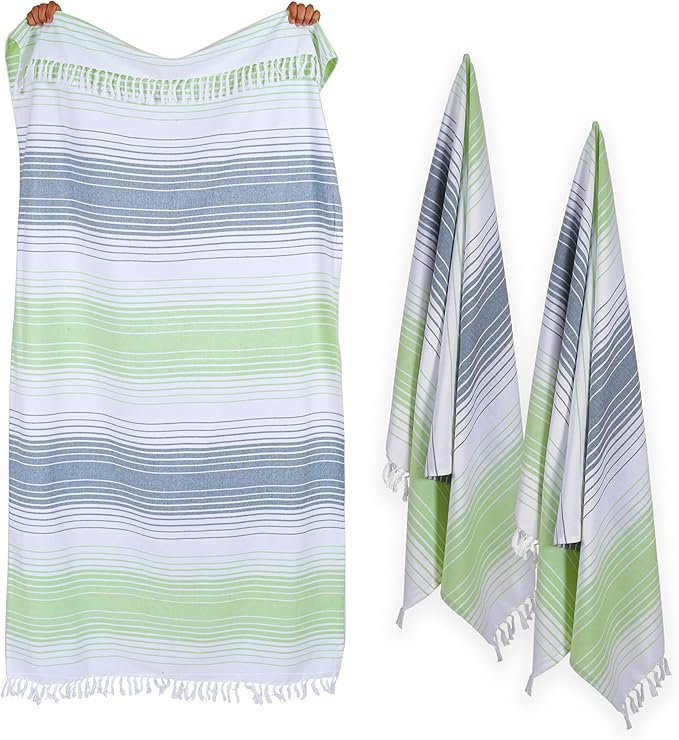 Native Fab 100% Cotton Peshtemal Turkish Bath and Beach Towels Set of 2, Large 40x71 Travel Sarong Gym Pool Spa Towels, Ultra Soft Quick Dry Absorbent Fouta Hammam Peshtemal Towels Green White