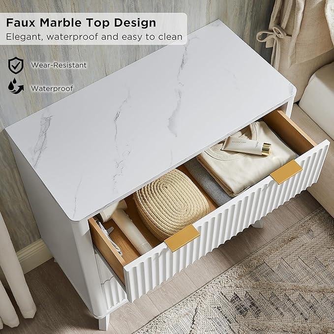 T4TREAM Fluted 3 Drawers Nightstand Set of 2, Oversized Extra Large Modern Side Table with Faux Marble Top, End Table Bedside for Bedroom, Living Room, Curved Profile Design, Solid White